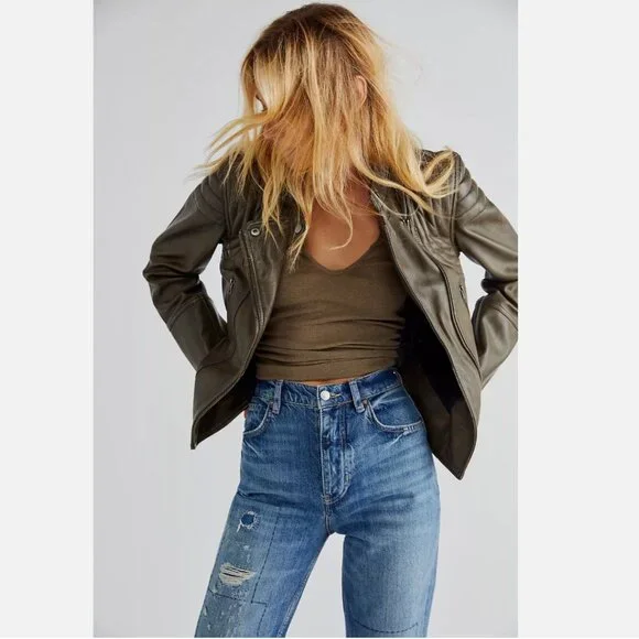 New Free People Fenix Leather Moto Jacket Size XS MSRP: $498 Olive